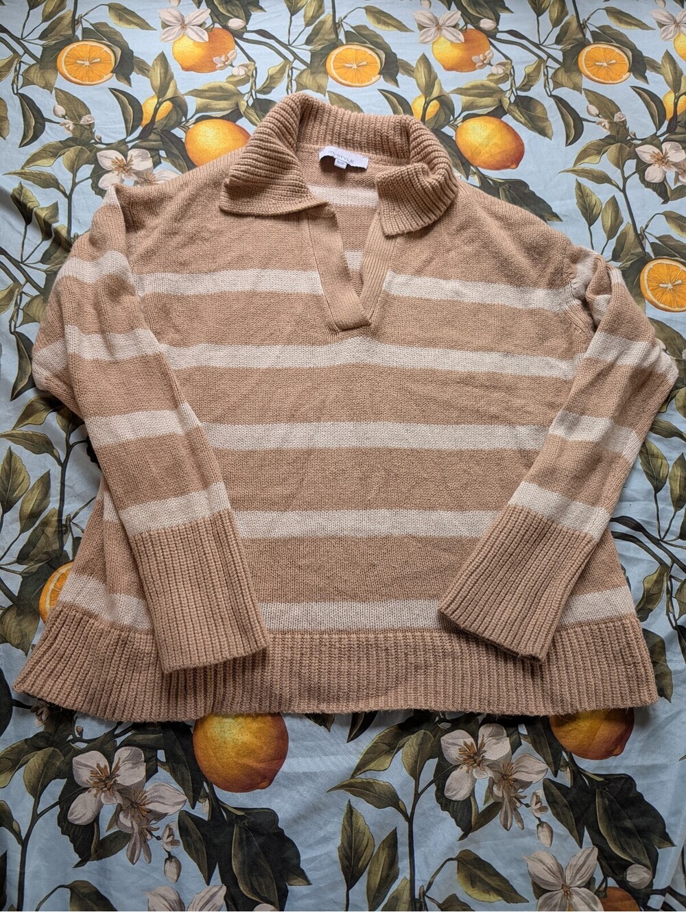 My Style Women's Knit Collar Sweater – Size Small | Tan & White Casual Pullover